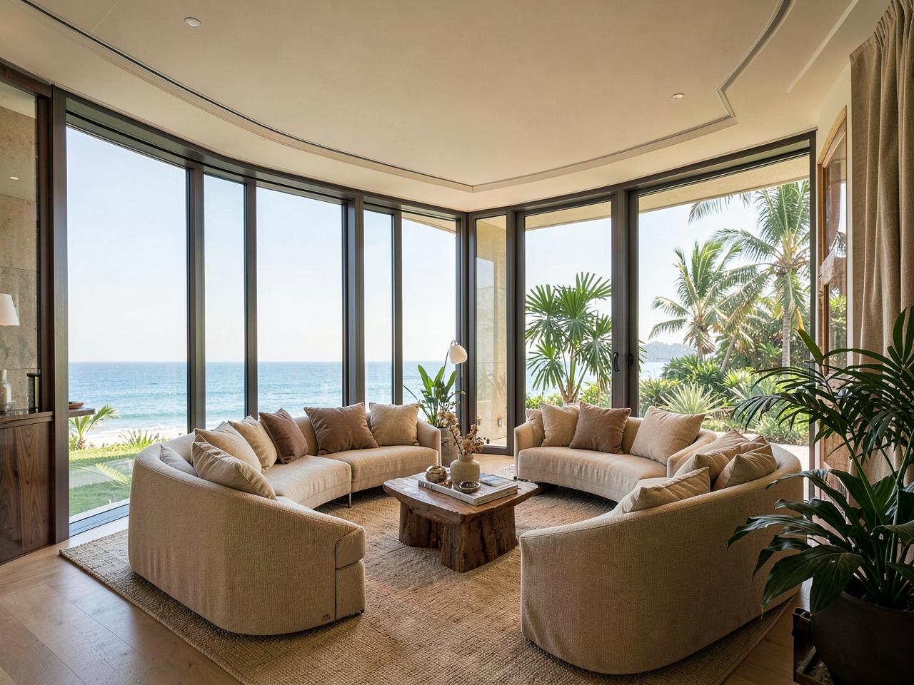 Sala de estar con ventanales de piso a techo y vista al mar